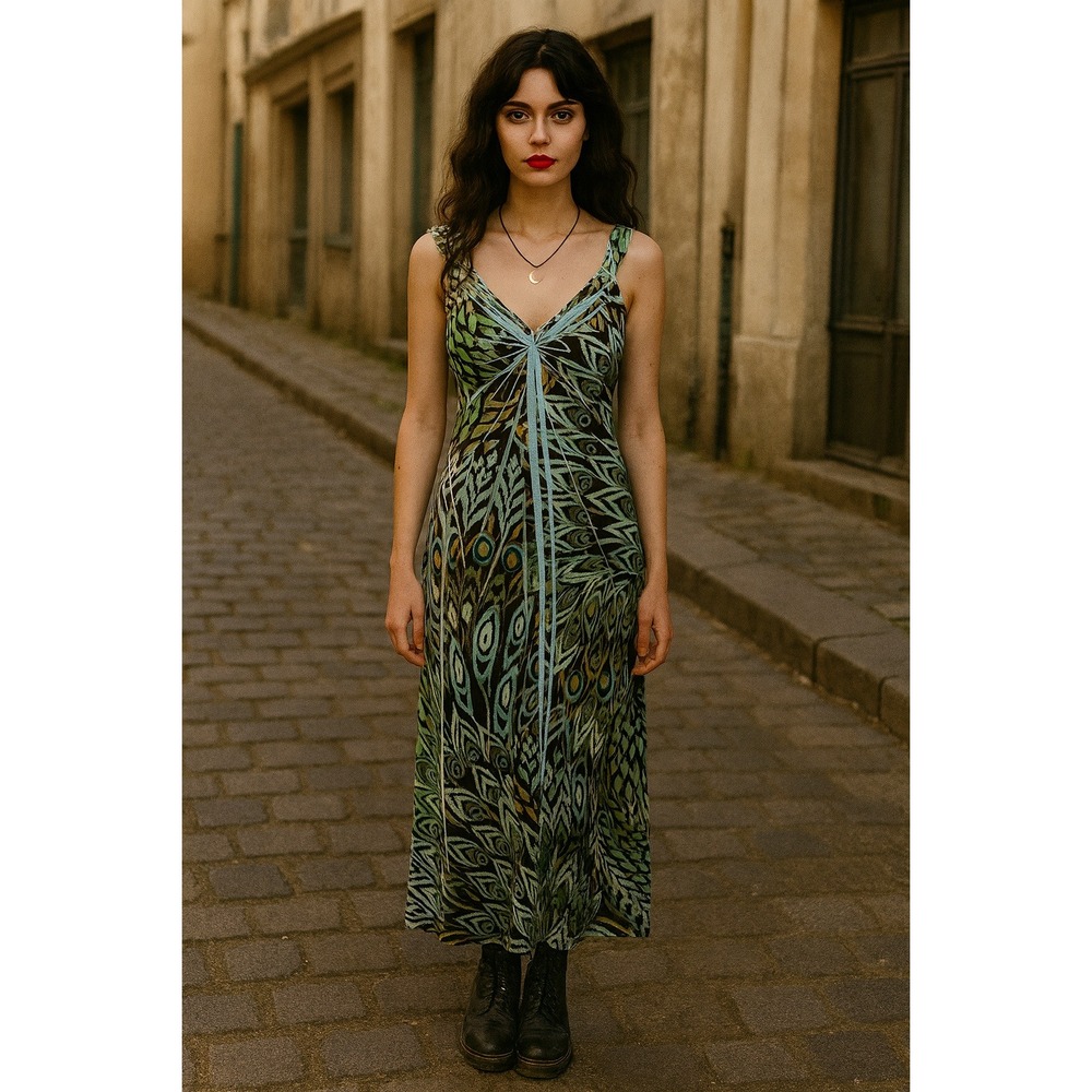Fairy Whimsigoth Peacock Feathers Halter‎ Crochet Turquoise Blue S Maxi Dress